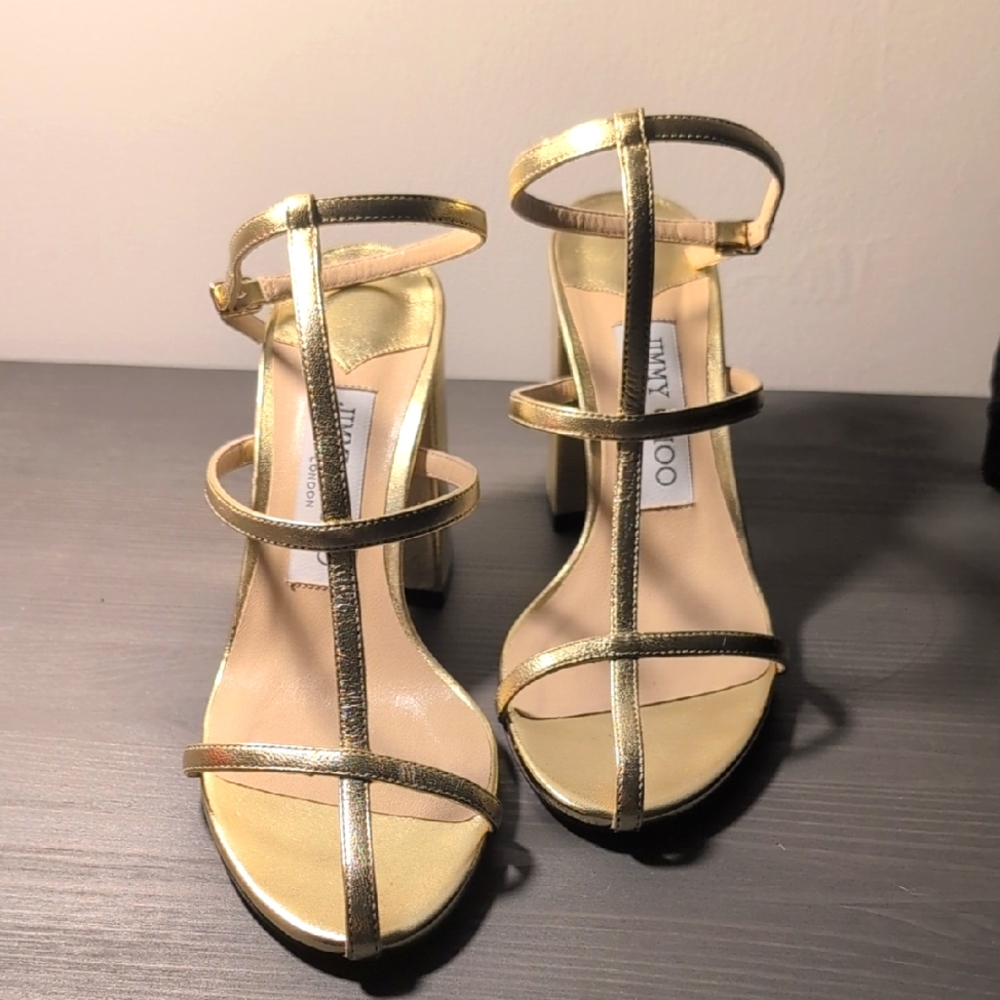 Jimmy Choo Elegant Gold Strappy Cage Heels
